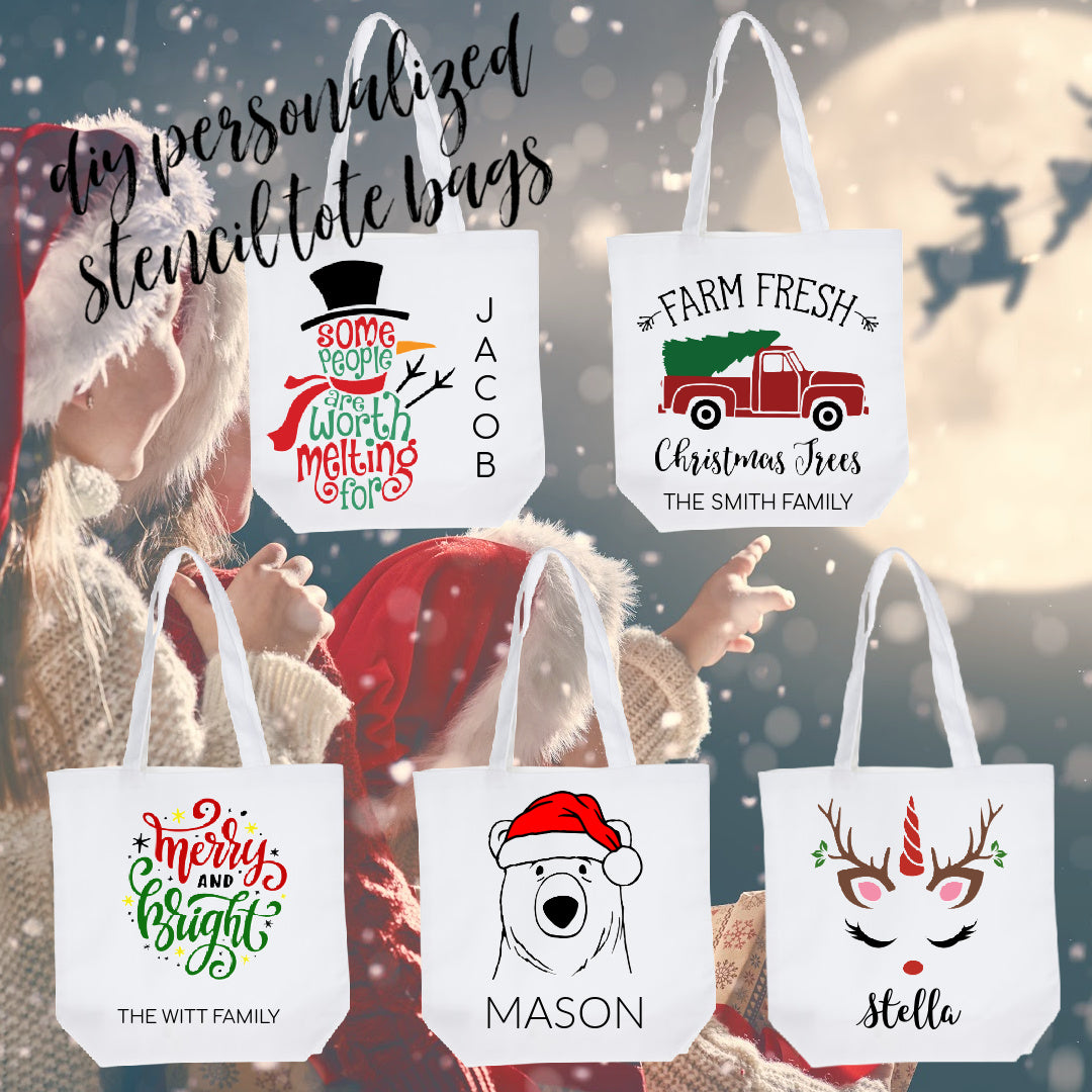 DIY Personalized Holiday Stencil Tote Bag- White Canvas