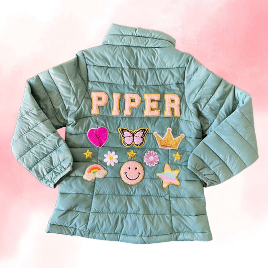 Green-Personalized Puffer Jacket with Chenille Patches
