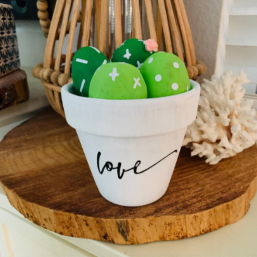 Rock painting kit. This is a DIY kit of a white pot with green cactus rocks inside.  There is great details with love  and cactus marking sticker to add on once drt.