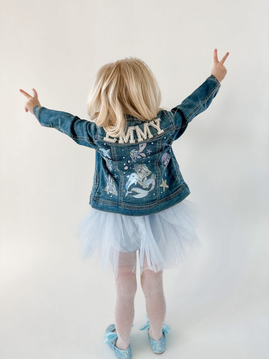 Girls Personalized Denim Jacket- Letter Jacket- Name Patch Jacket - Toddler Denim Jacket- Mermaid Gift -Little Mermaid Jacket
