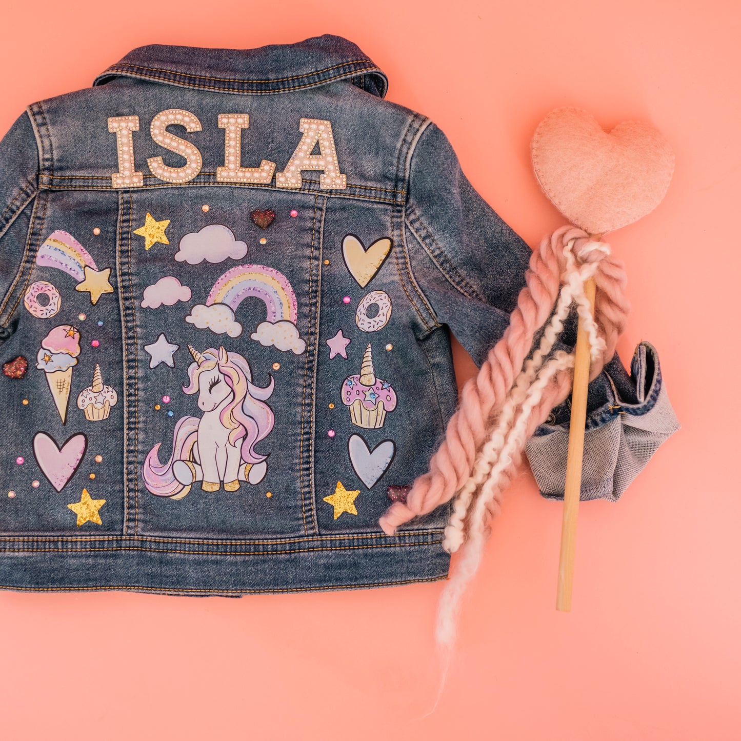 TODDLER GRAPHIC DENIM JACKET-UNICORNS AND RAINBOWS