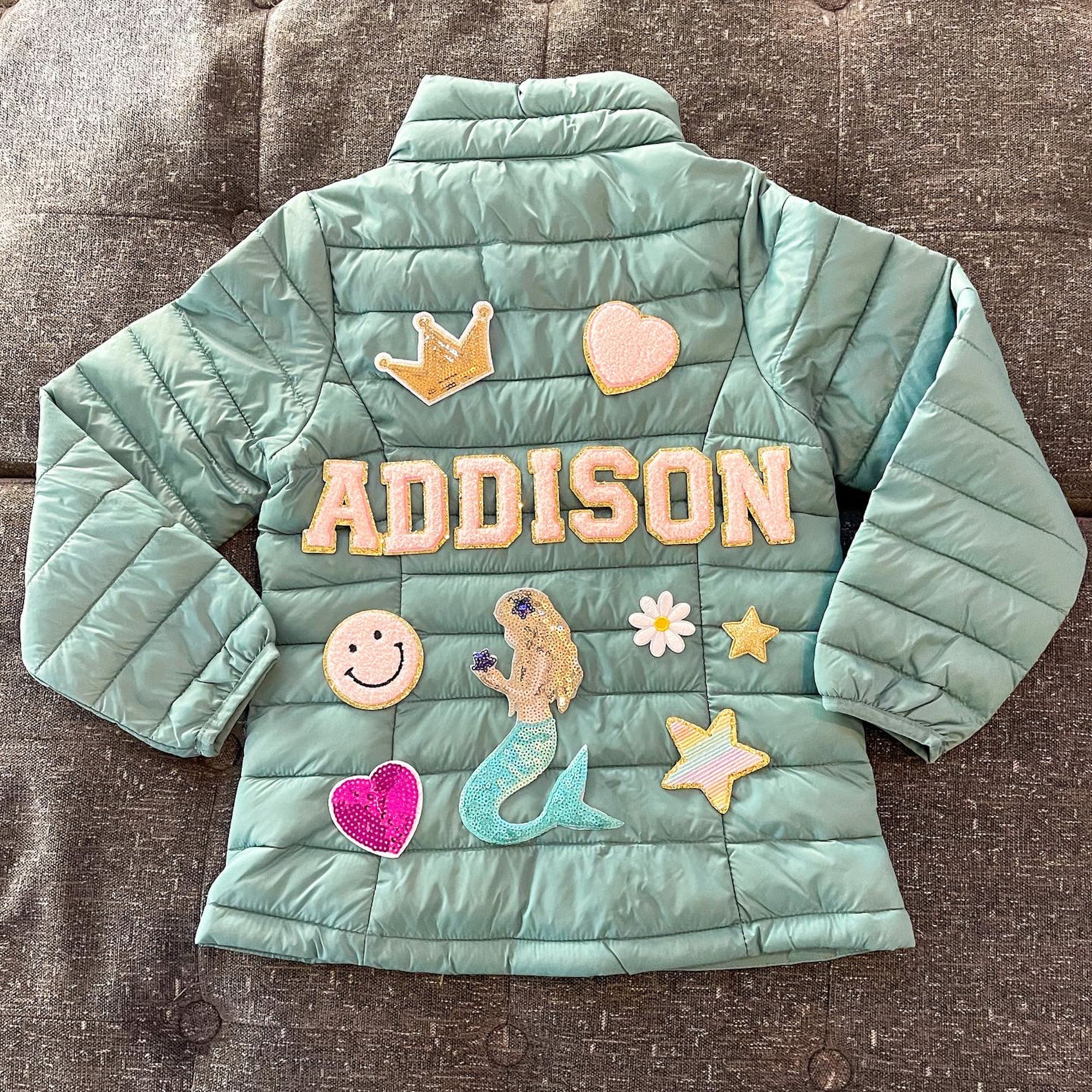 Green-Personalized Puffer Jacket with Chenille Patches - Create Art, Party  IN A BOX