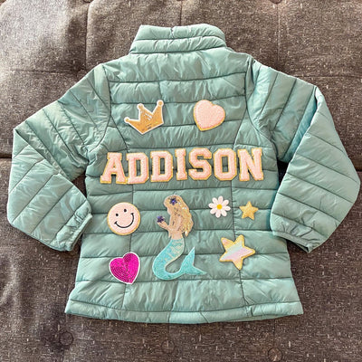 Green-Personalized Puffer Jacket with Chenille Patches