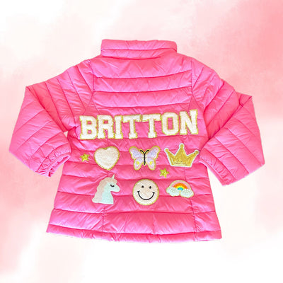 Bright Pink Personalized Puffer Jacket with Chenille Patches