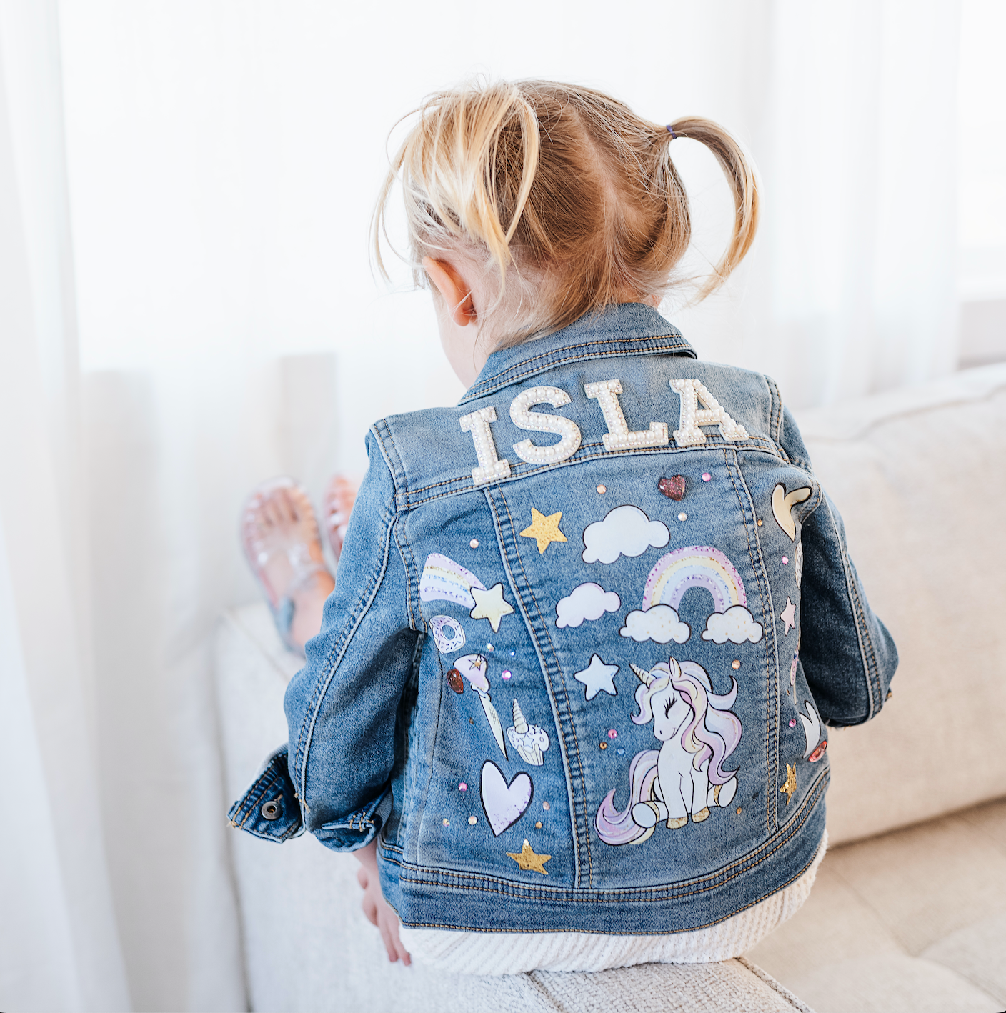 TODDLER GRAPHIC DENIM JACKET-UNICORNS AND RAINBOWS