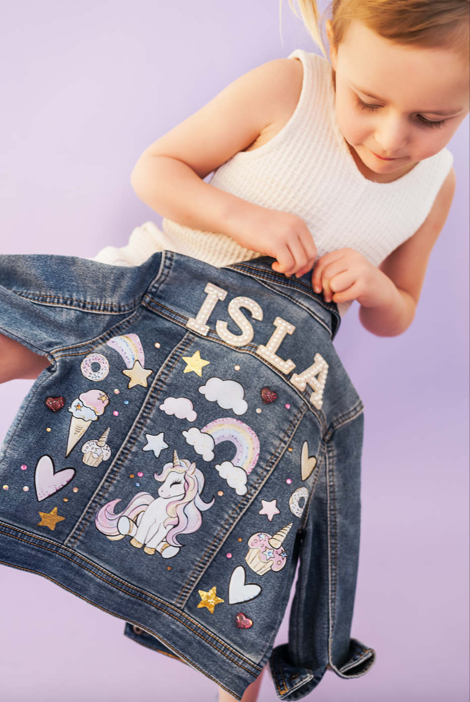 TODDLER GRAPHIC DENIM JACKET-UNICORNS AND RAINBOWS