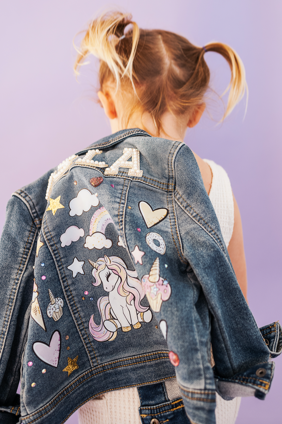 TODDLER GRAPHIC DENIM JACKET-UNICORNS AND RAINBOWS