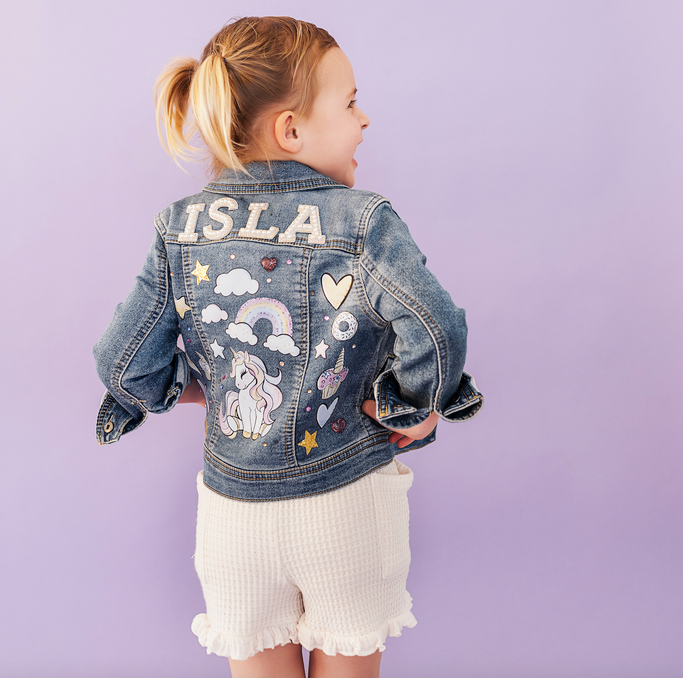 TODDLER GRAPHIC DENIM JACKET-UNICORNS AND RAINBOWS