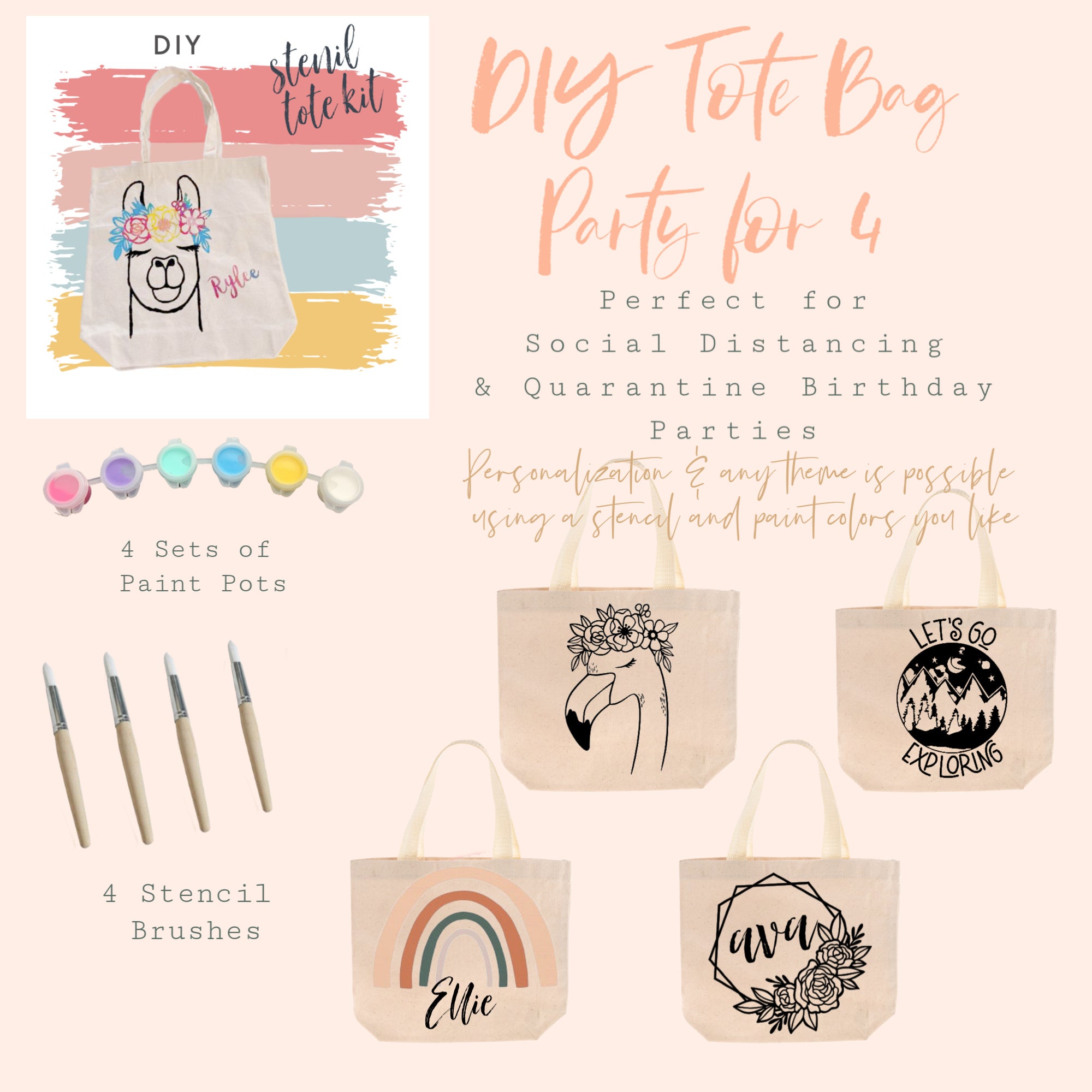 Party in a Box Craft Kit | Tote Bag Party for 4 | Natural Color